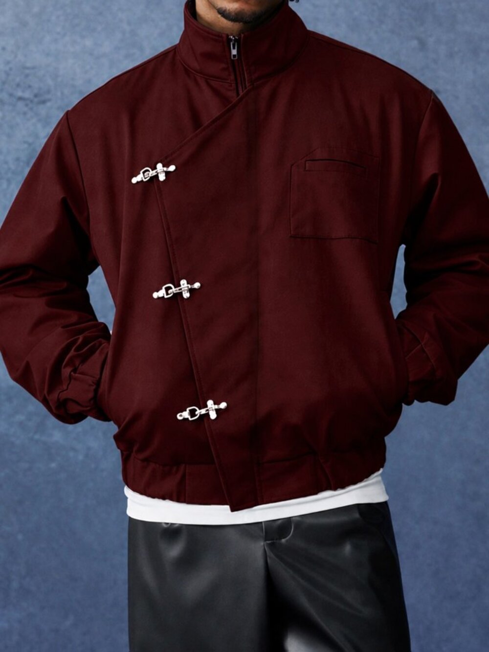Burgundy Avant Garde Men's Asymmetrical Placket Metal Button Jacket